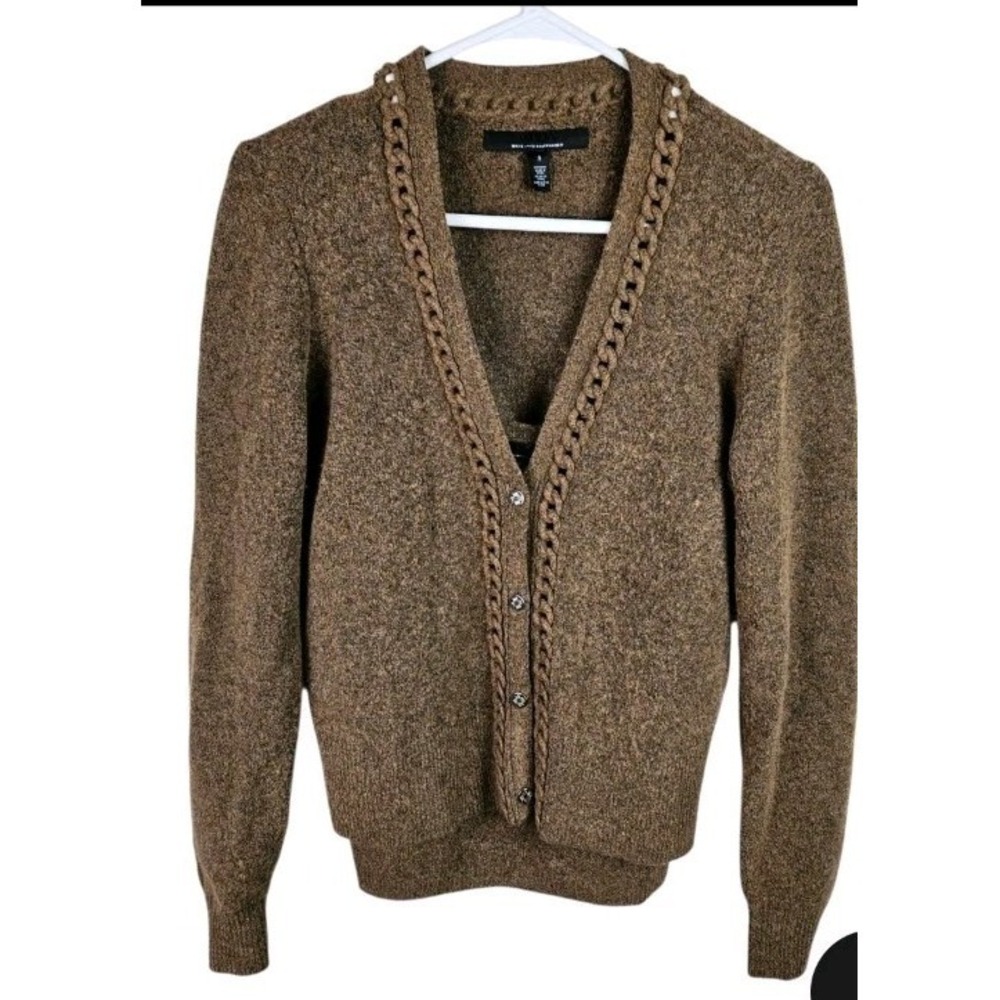 WHBM Womens L Brown Knit Cardigan Silver Button Front Rope V Neck Equestrian